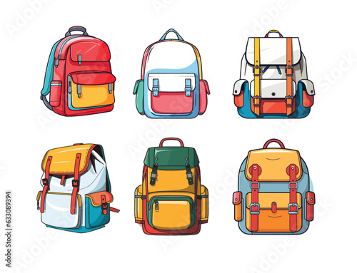 Collection of colorful backpack vector illustration. Set of colorful bags