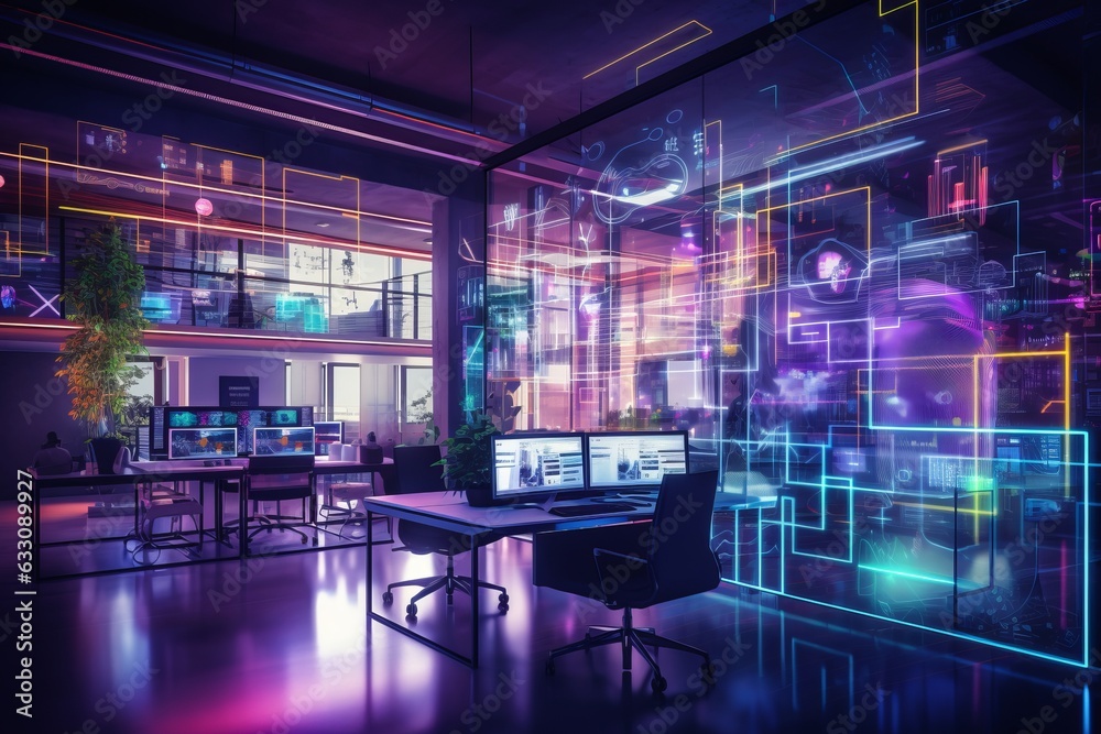Modern neon cyberpunk open space office interior blurred with information technology overlay. Corporate strategy for finance, operations, marketing. Purple color grading Modern neon cyberpunk open space office interior blurred with information technology overlay. Corporate strategy for finance, operations, marketing. Purple color grading