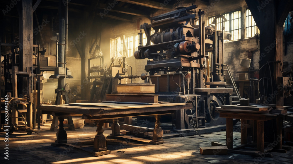 a classic printing press, brass and wooden, the press is loaded with fresh ink, sheets of textured paper ready to be imprinted, seen in a high contrast light, the ambience of an old workshop