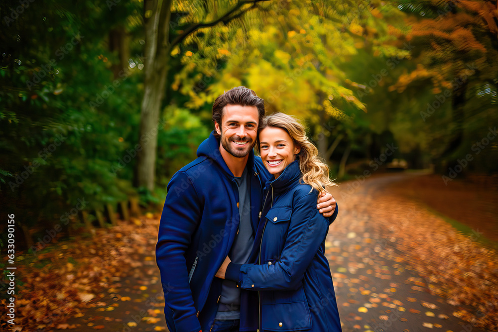 Fototapeta premium Romantic couple hugging in a forest one autumn morning