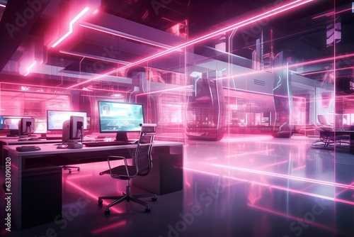 Modern neon cyberpunk open space office interior blurred with information technology overlay. Corporate strategy for finance  operations  marketing. Magenta color grading