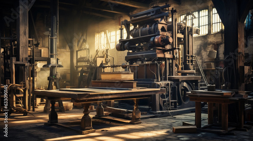 a classic printing press, brass and wooden, the press is loaded with fresh ink, sheets of textured paper ready to be imprinted, seen in a high contrast light, the ambience of an old workshop