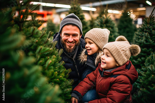Fotografia Family buying a Christmas tree at a street stall