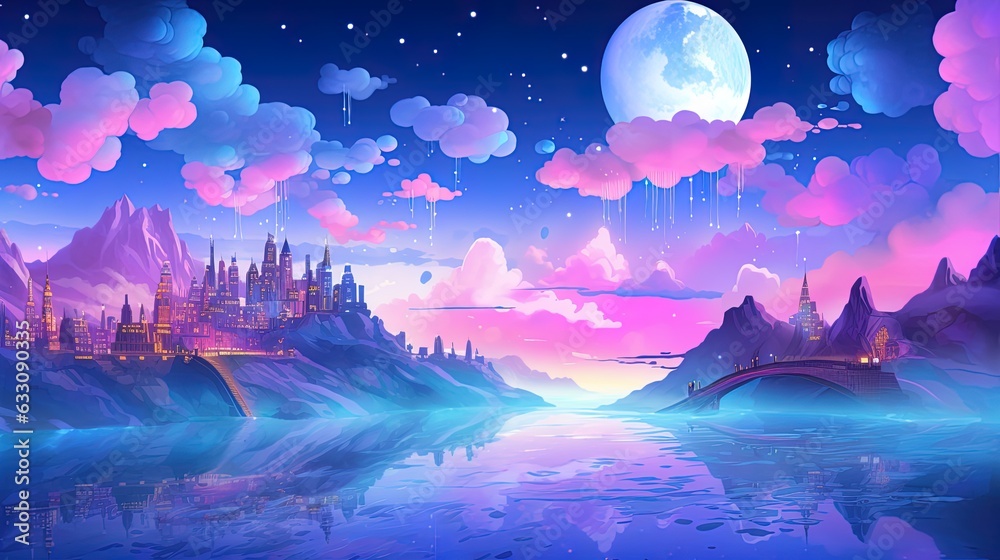 Illustration of a colorful city with a background of mountains and clouds, generated by AI