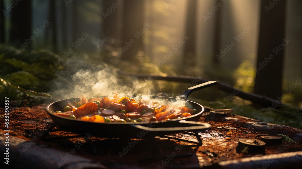 a camping cookout, a skillet on an open fire with eggs and bacon, morning sunlight filtering through pine trees, foggy ambiance a camping cookout, a skillet on an open fire with eggs and bacon, morning sunlight filtering through pine trees, foggy ambiance