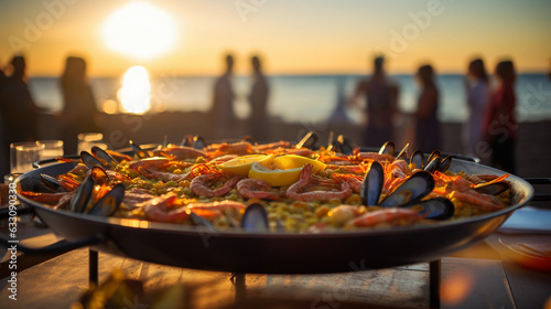 an outdoor paella cooking on a large traditional pan  lively colors of assorted seafood  vegetables  and saffron rice  beachside setting at sunset
