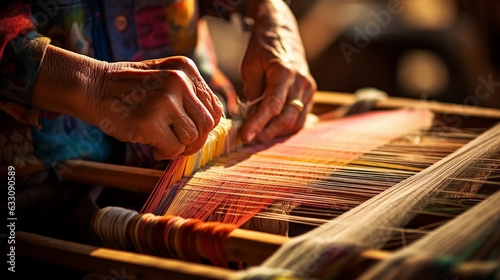 Traditional tapestry making, an old wooden loom set up with bright colored threads, an artisan's hands at work, detail on the intricate patterns being woven, soft, natural lighting, timeless and nosta