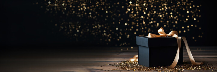 Black Friday. Cyber Monday. Black christmas boxes with golden ribbon on black background with copy space for text. With Generative AI technology