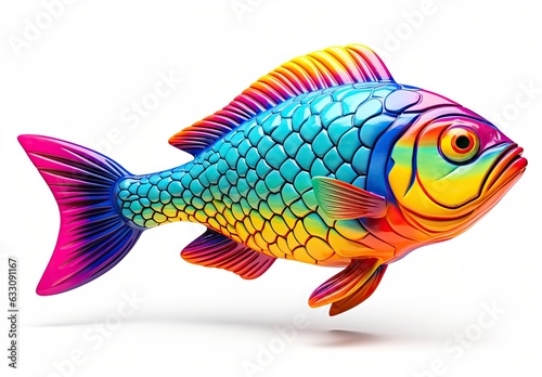 Illustration of colorful handmade fish figure on a white background. Figurine of fish made of ceramics, plasticine, plastic or other material. Can be printed on T-shirt, bag, case and other products.