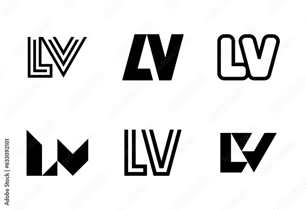 Set of letter LV logos. Abstract logos collection with letters. Geometrical abstract logos Set of letter LV logos. Abstract logos collection with letters. Geometrical abstract logos
