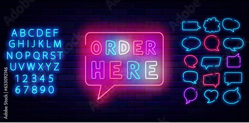 Order here neon label in speech bubble. Shiny blue alphabet. Online reservation. Think cloud frames. Vector illustration