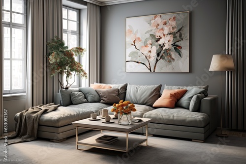 Contemporary interior design is showcased in a room that possesses ample space, with a table adorned with flowers placed adjacent to a gray wall. The room is imbued with abundant natural light and