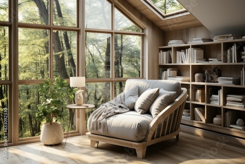 Capture the charm of Scandinavian modern interiors in a cozy reading nook. Envision a serene corner with light wood furniture, soft textiles, and ample greenery, emanating a sense of hygge and comfort