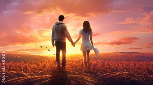A man and a woman, in love, hold hands on a sunrise background. Love, affection, and togetherness concepts. Generative AI