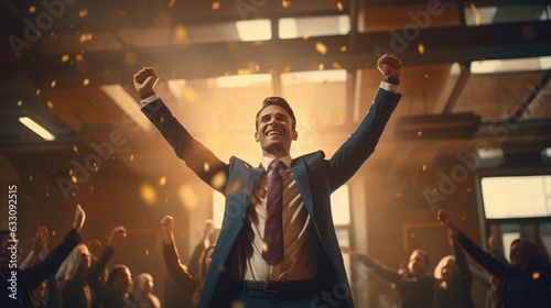 A successful businessman raises his hands to celebrate for his success and achievement with cheering ccollegues in the background. Generative AI photo
