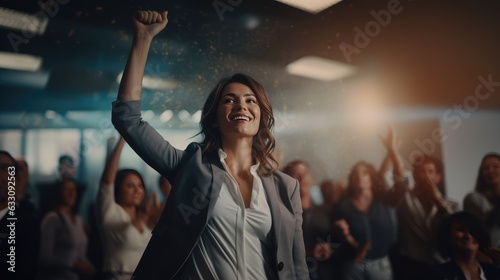 A successful businesswoman is happy and celebrates for her success and achievement with cheering ccollegues in the background. Generative AI © KikkyCNX