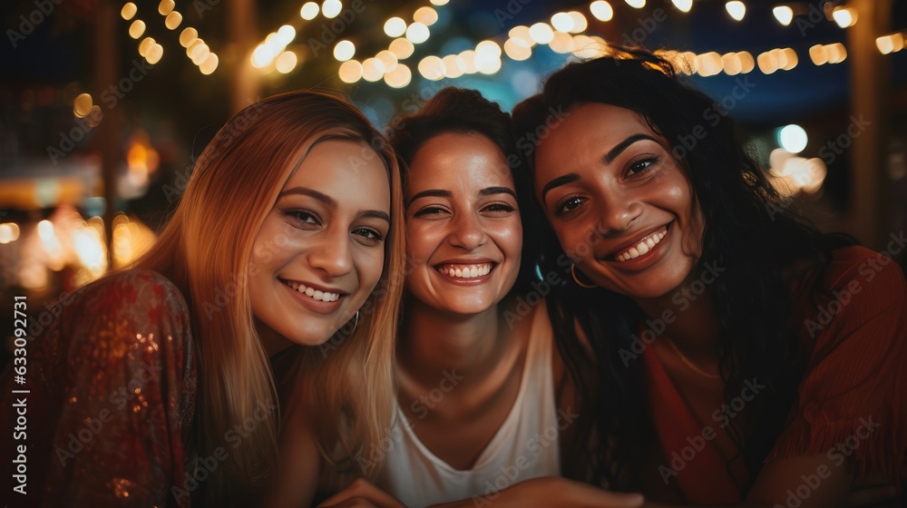 Three happy beautiful women smiles together with happiness. Quality relationship, emotional intelligence, and self appreciation concepts. Generative AI Three happy beautiful women smiles together with happiness. Quality relationship, emotional intelligence, and self appreciation concepts. Generative AI