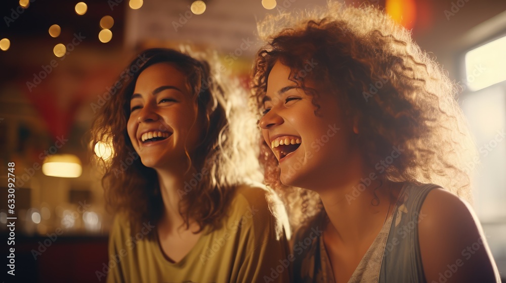 A happy young girl, and her friend, smiles and laughes with happiness. Quality relationship, emotional intelligence, and self appreciation concepts. Generative AI