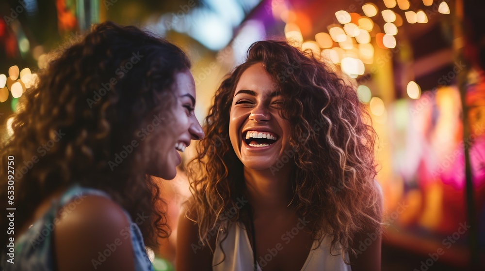A happy young girl, and her friend, smiles and laughes with happiness. Quality relationship, emotional intelligence, and self appreciation concepts. Generative AI