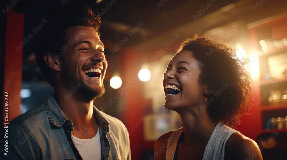 Happy woman and man smile and laugh together with happiness. Quality relationahip, emotional intelligence, and good moment. Generative AI Happy woman and man smile and laugh together with happiness. Quality relationahip, emotional intelligence, and good moment. Generative AI