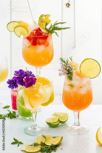 a group of glasses with different colored drinks