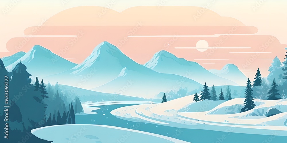 Pastel delicate winter landscape illustration, generative ai