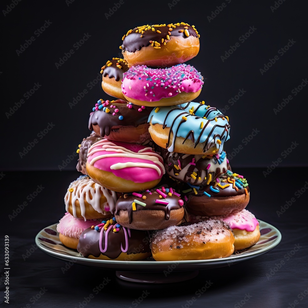 an array of multicolored donuts on a plate - created using generative AI tools