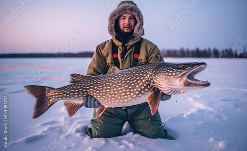 Winter ice fishing, man holding a huge trophy fish he caught, generative ai
