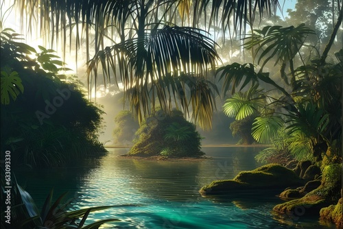 wallpaper  a wide  sparkling blue lake with rocky islet  in a lush jungle. generative ai