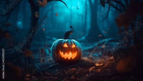 Halloween background with spooky pumpkin lanterns, generative ai