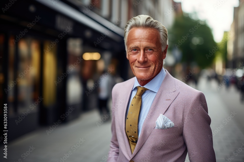 Photography of a pleased, man in his 60s that is wearing a dapper seersucker suit against a sophisticated urban street background. Generative AI Photography of a pleased, man in his 60s that is wearing a dapper seersucker suit against a sophisticated urban street background. Generative AI