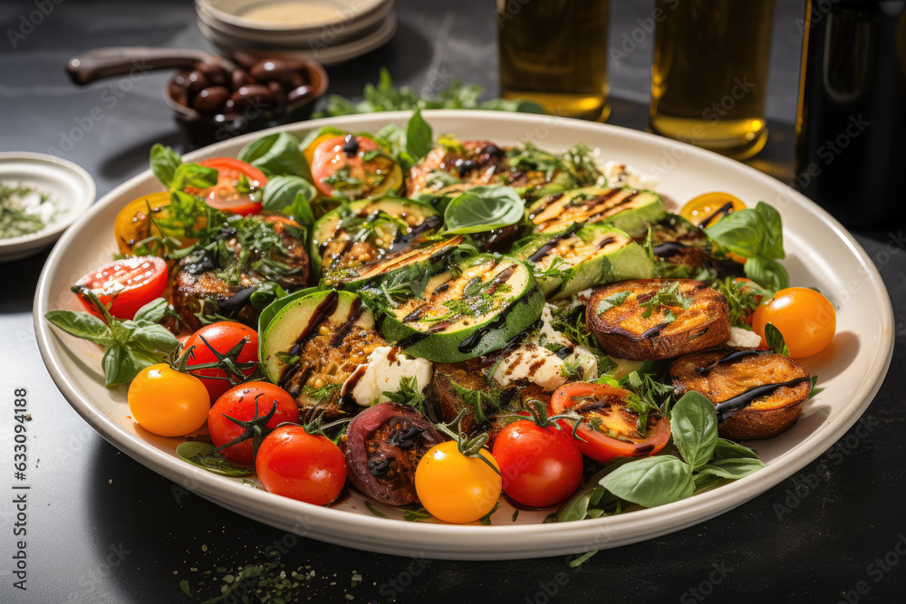 A delicious salad with balsamic vinegar, presented on a white marble table in a flat lay style. Generative Ai. A delicious salad with balsamic vinegar, presented on a white marble table in a flat lay style. Generative Ai.