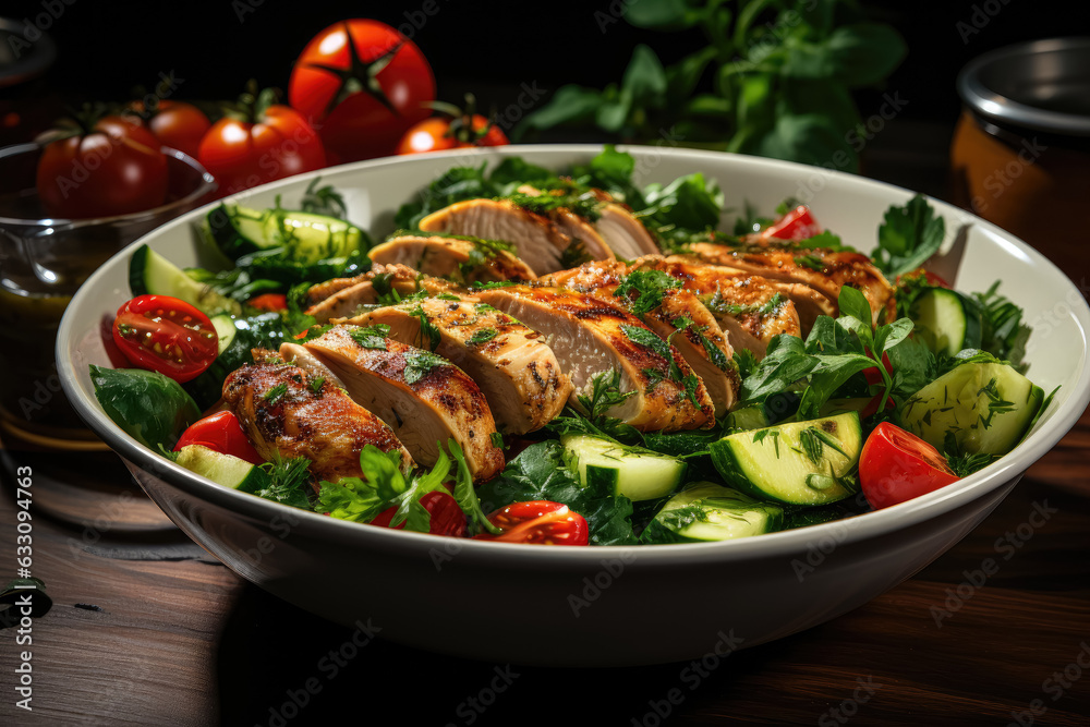 Grilled chicken and vegetable salad with spinach and arugula. Includes paprika, zucchini, eggplant, and tomatoes on a white table background. Captured from a top view. Generative Ai. Grilled chicken and vegetable salad with spinach and arugula. Includes paprika, zucchini, eggplant, and tomatoes on a white table background. Captured from a top view. Generative Ai.