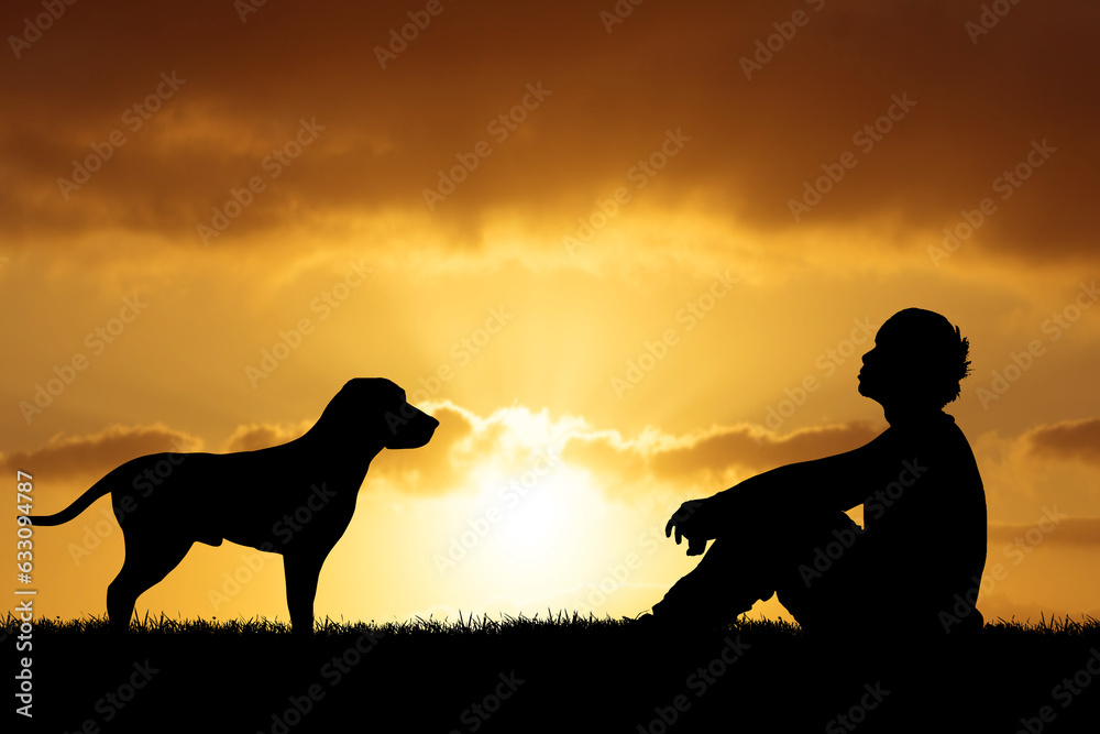 Dog is man's best friend concept, image of desperate man with dog by his side
