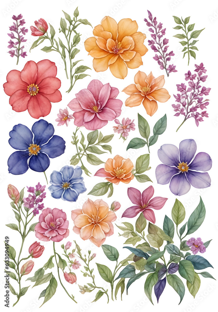set of watercolor flowers and beauty of various floral species on transparent background