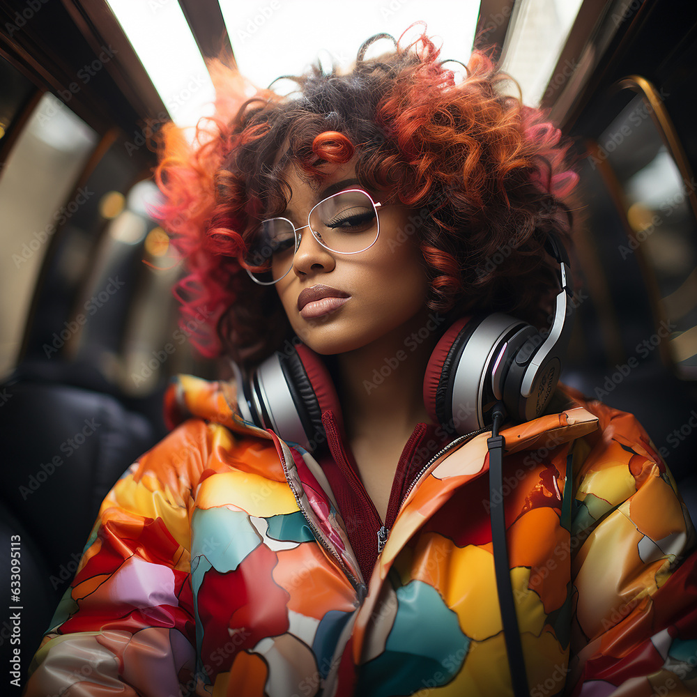 A pretty young dark-skinned woman wearing colorful headphones listening to music for entertainment. A pretty young dark-skinned woman wearing colorful headphones listening to music for entertainment.