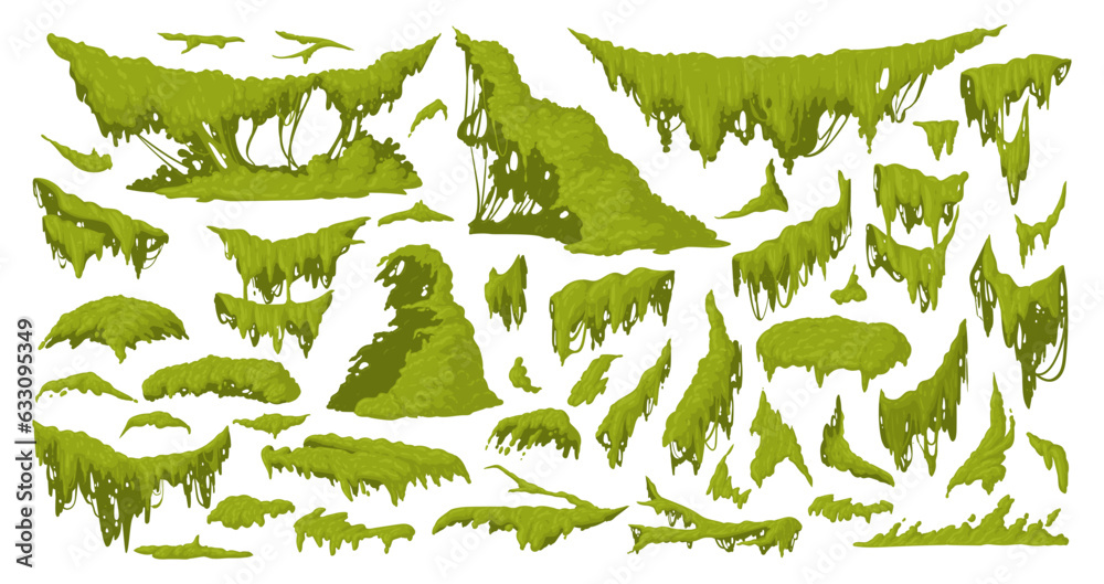 Cartoon jungle moss. Green moss plants, hanging and creeping lichen and moss flat vector illustration set. Rainy forest flora collection