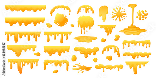 Cartoon honey dripping set. Sticky sweet dripping spots, flowing sugar syrup, melting honey splatters flat vector illustration collection. Sweet honey drops