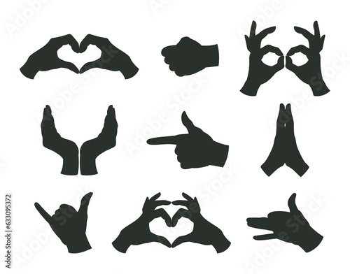 Hands gestures silhouettes. Cartoon human hands signs, heart, call and pray gesture flat vector illustration set