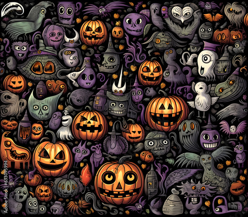Halloween Dark Elements Doodle Art Background, Ai Generated