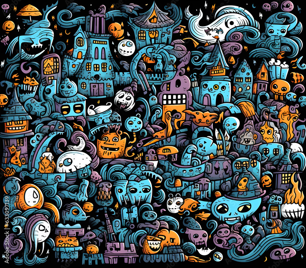 Scary Halloween Elements Doodle Art, Ai Generated
