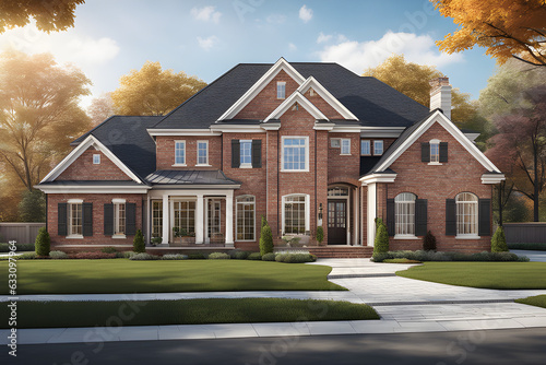 A beautiful and luxury house exterior with brick and siding ultra hd realistic vivid colors