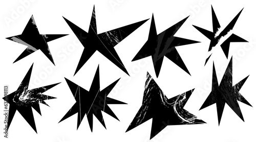 A simple black set of trendy irregular stars. hand drawn shapes with texture