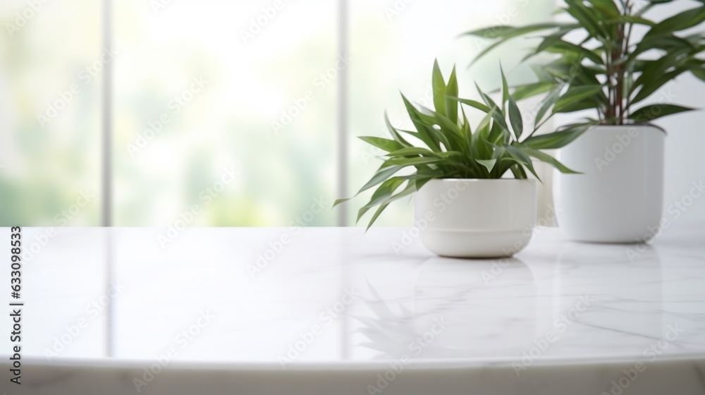 White bathroom marble countertop with copy space on blurred window background