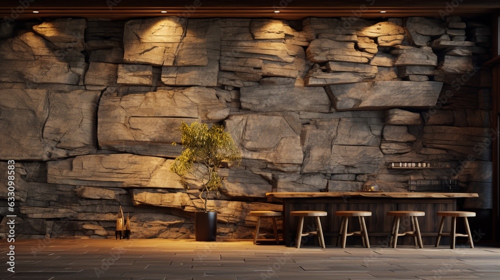 Wooden table and chairs on wild stone cladding wall background, rustic ...