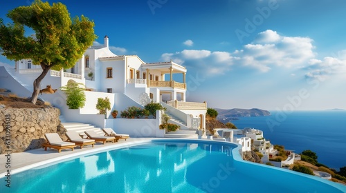 Traditional mediterranean white house with pool on hill with stunning sea view. Summer vacation background. extra wide. © JW Studio