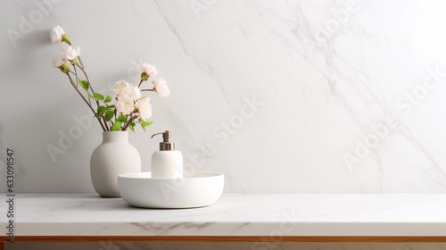 White bathroom marble countertop with copy space on blurred window background
