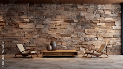 Cozy armchairs on wild stone cladding wall background, rustic lounge area interior design.