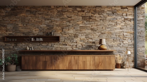Wooden carbinet on wild stone cladding wall background  rustic lounge area interior design.