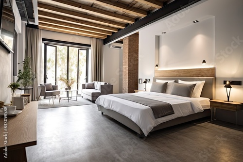 The newly built interior rooms are characterized by their stylish design with a modern open concept layout, providing ample space. The concrete floors and wooden beams on the ceiling add a touch of